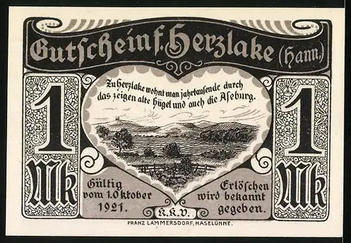 Notgeld Herzlake 1921, 1 Mark, Ortsansicht und Hügel mit Aleburg