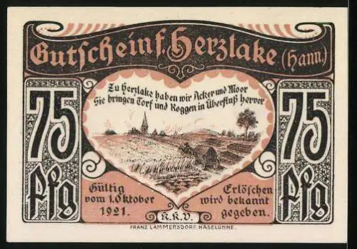 Notgeld Herzlake 1921, 75 Pfennig, Strassenpartie, Acker und Moor