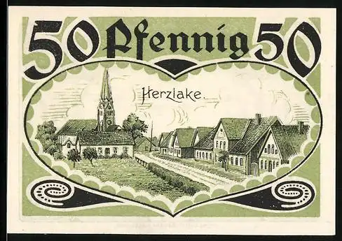 Notgeld Herzlake 1921, 50 Pfennig, Strassenpartie mit Kirche und Feld mit Pferden und Rindern