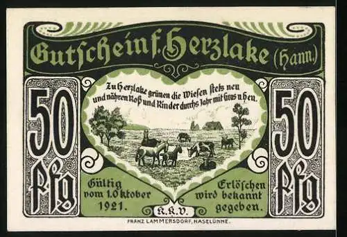 Notgeld Herzlake 1921, 50 Pfennig, Strassenpartie mit Kirche und Feld mit Pferden und Rindern