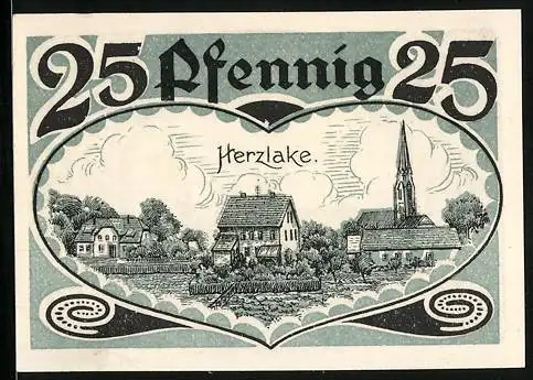 Notgeld Herzlake 1921, 25 Pfennig, Ortsansicht und Flusspartie mit Segelschiff