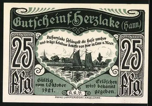 Notgeld Herzlake 1921, 25 Pfennig, Ortsansicht und Flusspartie mit Segelschiff