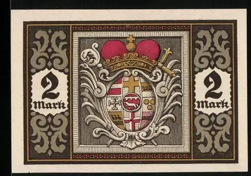 Notgeld Herstelle 1921, 2 Mark, Wappen und Ortsansicht mit Flusspartie