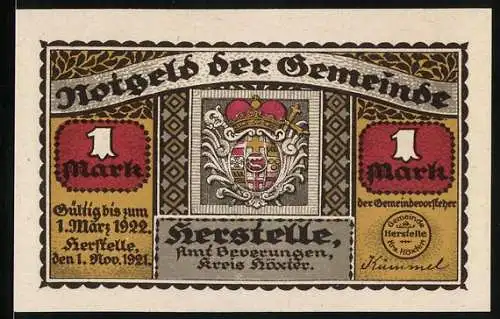 Notgeld Herstelle 1921, 1 Mark, Wappen und Karl der Grosse