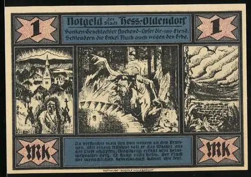Notgeld Hess.-Oldendorf 1921, 1 Mark, Schloss Schaumburg und fiktive Szene