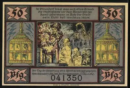 Notgeld Hess.-Oldendorf 1921, 50 Pfennig, Stadtlaterne und fiktive Szene