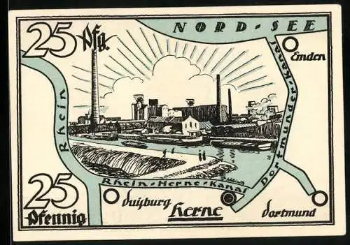 Notgeld Herne i. Westf. 1921, 25 Pfennig, Karte der Umgebund und Denkmal mit Wappen