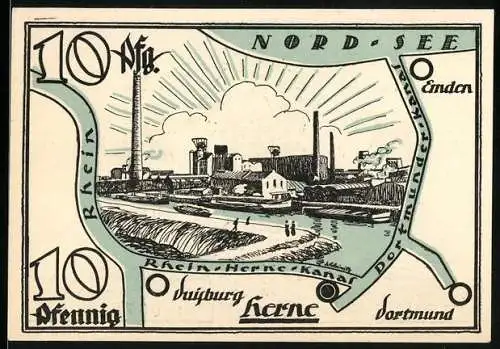 Notgeld Herne i. Westf. 1921, 10 Pfennig, Denkmal mit Wappen und Karte der Umgebung
