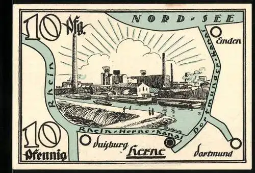 Notgeld Herne i. Westf. 1921, 10 Pfennig, Karte der Umgebung mit Blick auf die Stadt, Denkmal