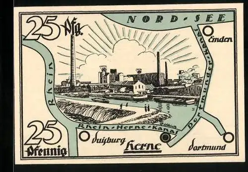 Notgeld Herne i. Westf. 1921, 25 Pfennig, Denkmal, Stadtansicht mit Karte der Umgebung