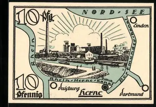Notgeld Herne i. Westf. 1921, 10 Pfennig, Denkmal mit Wappen und Stadtansicht mit Karte