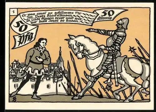 Notgeld Herne i. Westf. 1921, 50 Pfennig, Ritter mit Schild und historische Szene