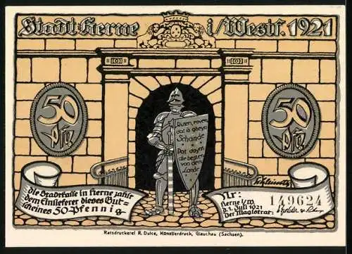 Notgeld Herne i. Westf. 1921, 50 Pfennig, Ritter mit Schild und historische Szene