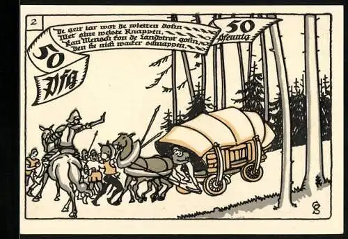 Notgeld Herne i. Westf. 1921, 50 Pfennig, Ritter mit Schild und Szene mit Planwagen