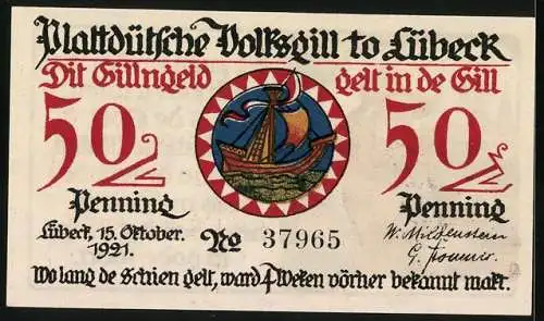 Notgeld Lübeck 1921, 50 Pfennig, Wappen und Steuermann
