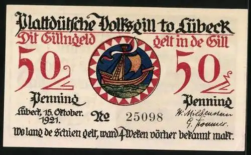 Notgeld Lübeck 1921, 50 Pfennig, Wappen und Waisenkinner