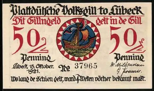 Notgeld Lübeck 1921, 50 Pfennig, Wappen und Garnersfru