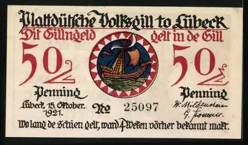 Notgeld Lübeck 1921, 50 Pfennig, Garnersfru und Wappen
