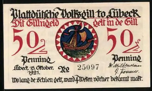 Notgeld Lübeck 1921, 50 Pfennig, Wappen und Raatsdener