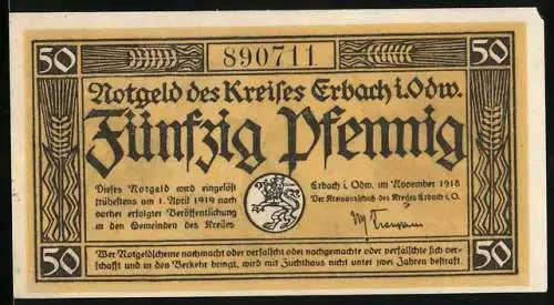 Notgeld Erbach i. Odw. 1918, 50 Pfennig, Hamster und Bauer bei der Aussaat