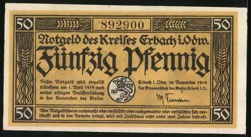 Notgeld Erbach i. Odw. 1918, 50 Pfennig, Bauer bei der Aussaat und Hamster