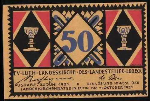 Notgeld Lübeck 1921, 50 Pfennig, Chrisusportrait und Kelche