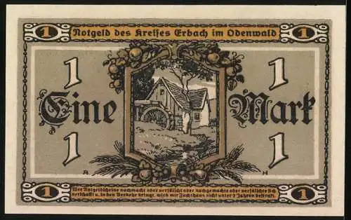 Notgeld Erbach i. Odw. 1918, 1 Mark, Wassermühle und Frau bei der Ernte