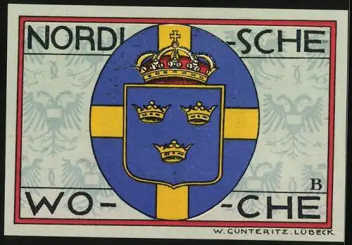 Notgeld Lübeck 1921, 50 Pfennig, Wappen und Blick auf die Kirche