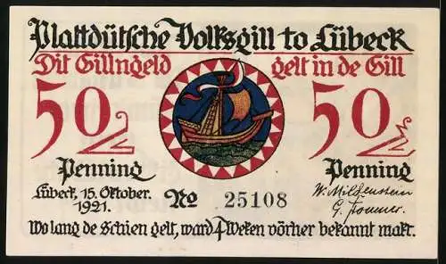 Notgeld Lübeck 1921, 50 Pfennig, Segelschiff und Fischfru
