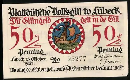 Notgeld Lübeck 1921, 50 Pfennig, Segelschiff und Dräger