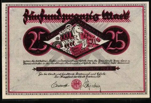 Notgeld Dortmund 1922, 25 Mark, Reinold das Haimonskind und Szene mit Eiche