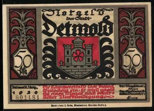 Notgeld Detmold 1920, 50 Pfennig, Wappen und gefangene Römer