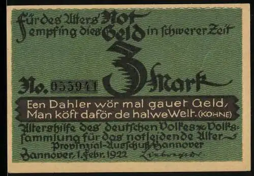 Notgeld Hannover 1922, 3 Mark, Portrait Heinrich Sohnren
