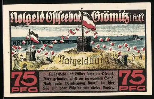 Notgeld Grömitz i. Holst. 1921, 75 Pfennig, Strandbad und Ortsansicht