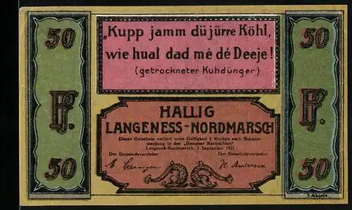 Notgeld Langeness-Normarsch 1921, 50 Pfennig, Diddenfabrikation