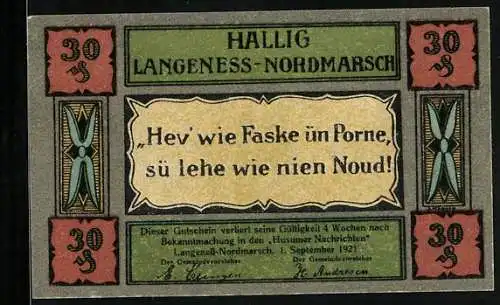Notgeld Langeness-Nordmarsch 1921, 30 Pfennig, Dartig-Penning