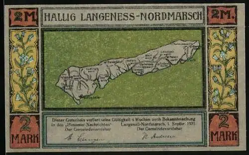 Notgeld Langeness-Nordmarsch 1921, 2 Mark, Hilligenlei mit Segelboot und Karte