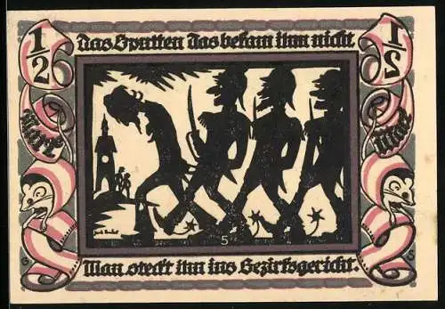 Notgeld Glauchau 1921, 1 /2 Mark, Ortsansicht und Szene mit Gefangenem