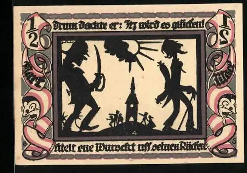 Notgeld Glauchau 1921, 1 /2 Mark, Szene mit Säbel und Wurst