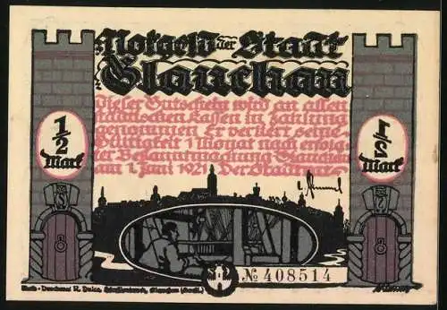 Notgeld Glauchau 1921, 1 /2 Mark, Szene mit Säbel und Wurst