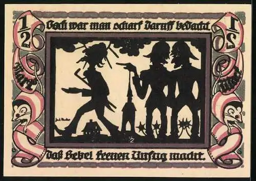 Notgeld Glauchau 1921, 1 /2 Mark, Szene mit gereimtem Text
