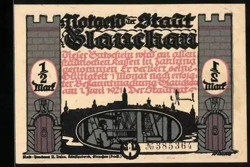 Notgeld Glauchau 1921, 1 /2 Mark, Szene mit bewaffneten Männern