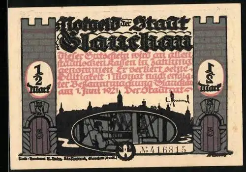 Notgeld Glauchau 1921, 1 /2 Mark, Szene mit jubelnden Bewohnern