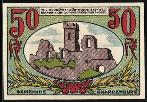 Notgeld Gnarrenburg, 50 Pfennig, Blick auf Burgruine