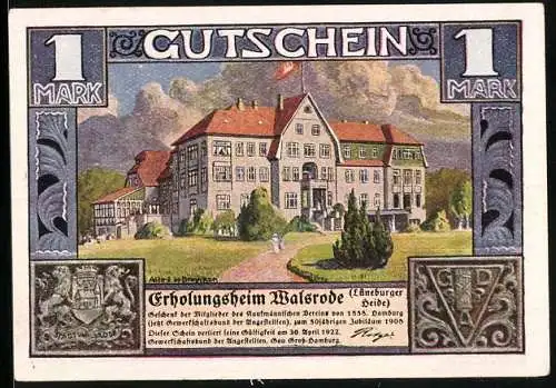 Notgeld Walsrode /Lüneburger Heide 1922, 1 Mark, Erholungsheim und Hamburger Kaufleute um 1800