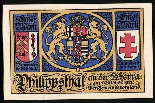 Notgeld Philippsthal an der Werra 1921, 1 Mark, Wappen und Schlosshofeinfahrt