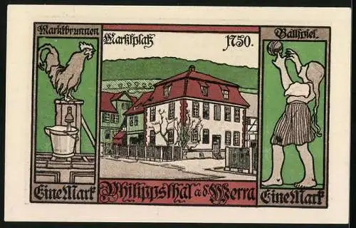 Notgeld Philippsthal an der Werra 1921, 1 Mark, Wappen und Markplatz mit Marktbrunnen