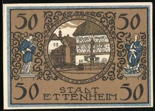 Notgeld Ettenheim 1922, 50 Pfennig, Wappen und Marktplatz mit Brunnen