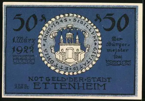 Notgeld Ettenheim 1922, 50 Pfennig, Wappen und Marktplatz mit Brunnen