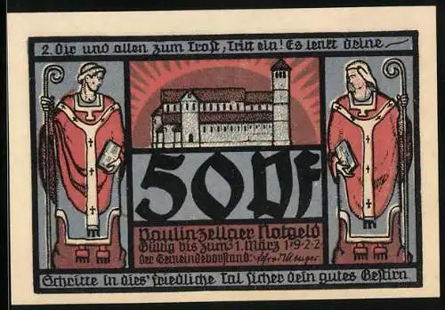 Notgeld Paulinzella 1922, 50 Pfennig, Kloster mit Innenansicht